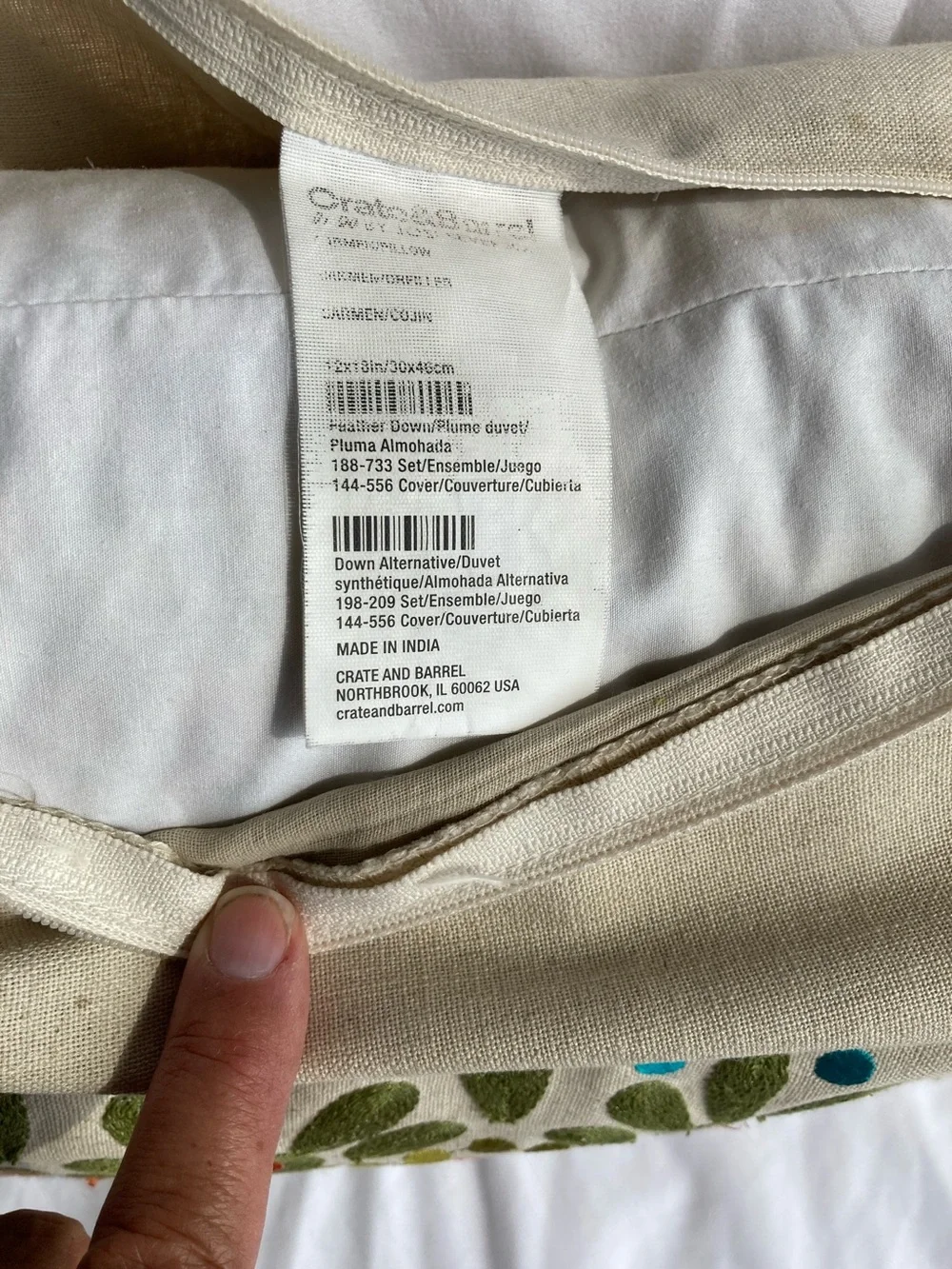 CRATE and  BARREL Embroidered Lumbar Pillow  Boho Linen Cotton 17 x 11 inches